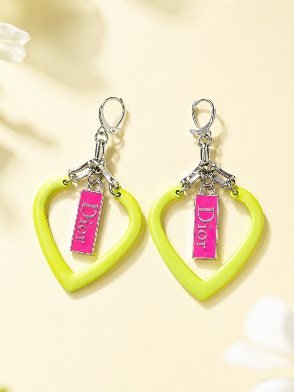 Lime Heart & Pink Bar Charm Earrings